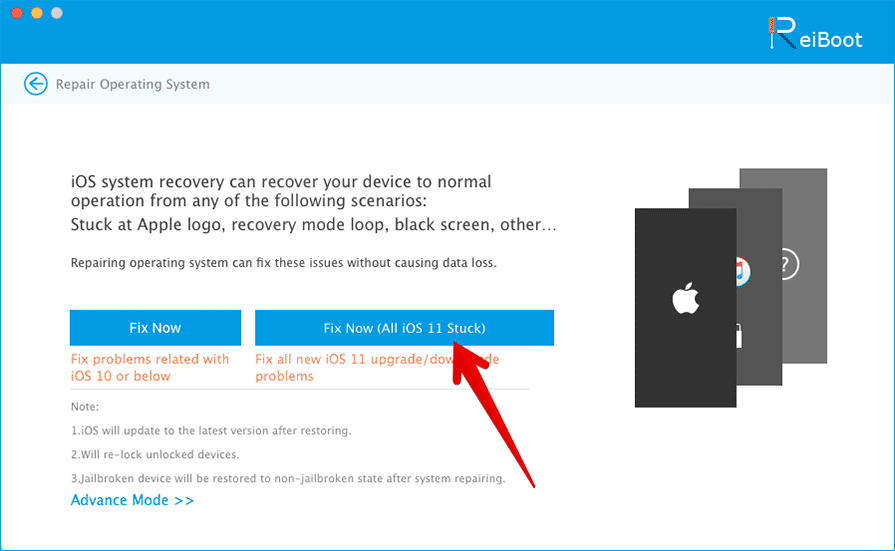 Click on Fix Now iOS 11 Stuck in ReiBoot