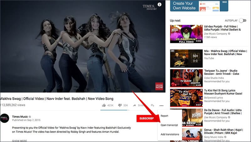 Click on Open Transcript in YouTube on PC