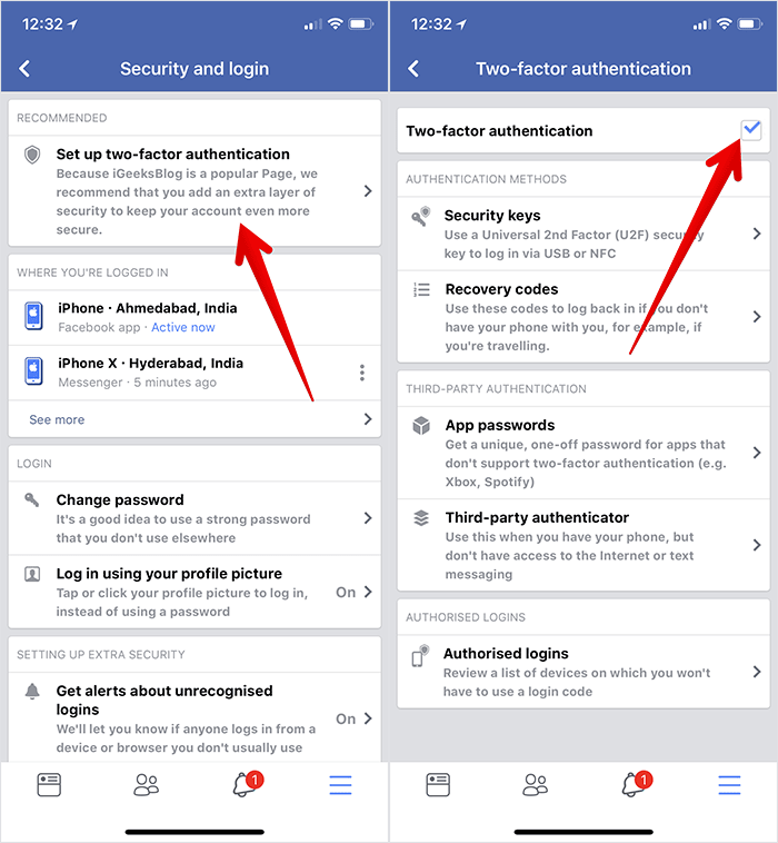 Disable Two-factor Authentication in Facebook on iPhone