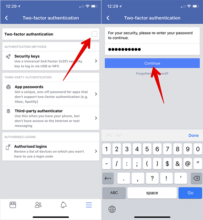 Enable Two-factor Authentication in Facebook on iPhone