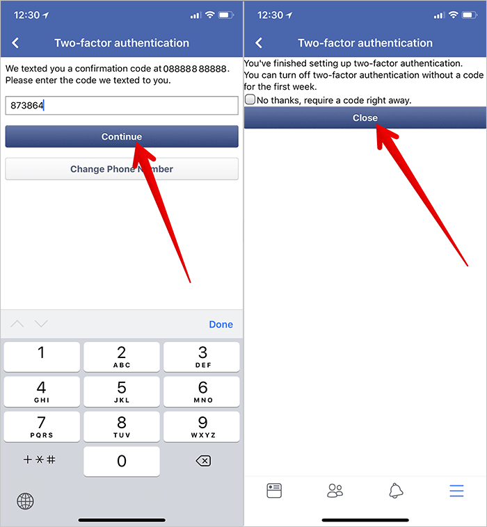 Enter Verification Code and Tap on Close in Facebook on iPhone
