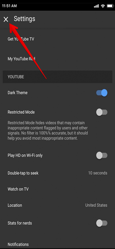 Exit YouTube Settings on iPhone or iPad
