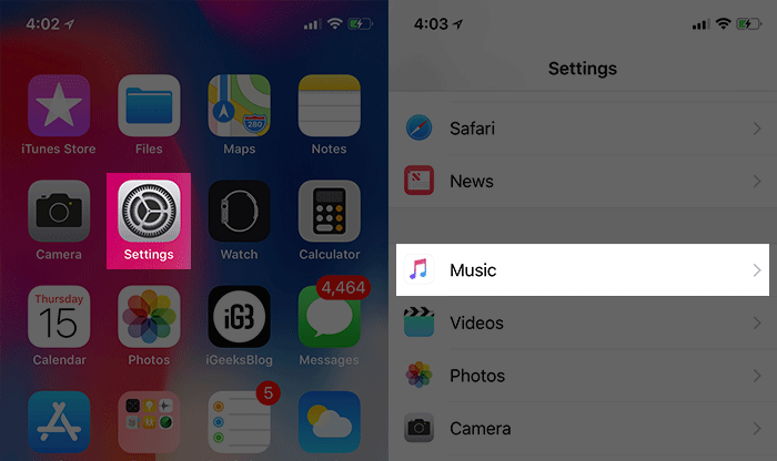 Open Settings App and Tap on Music on iPhone