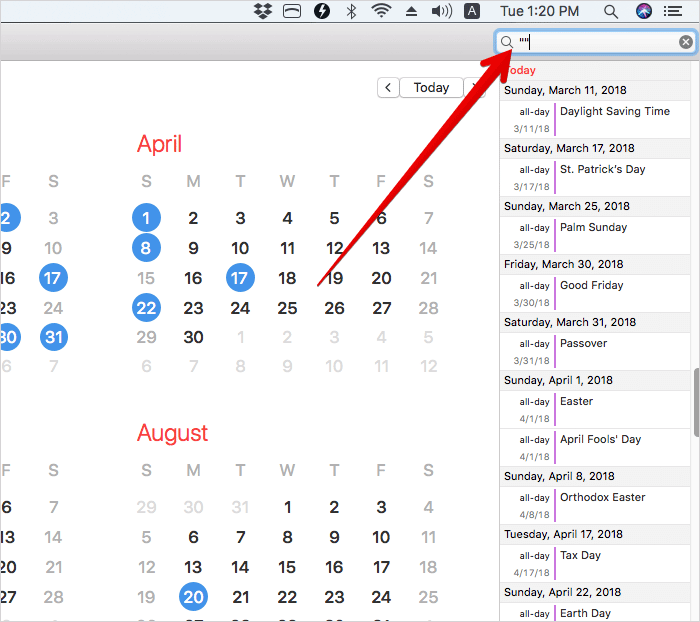 Search Events in Calendar by Two Concurrent Quotations on Mac