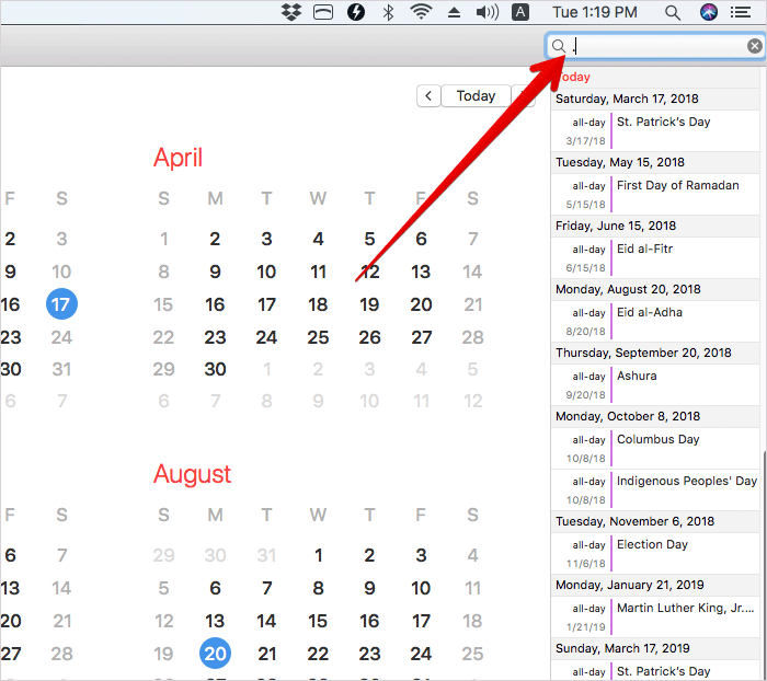 Search Events in Calendar with Full Stop on Mac