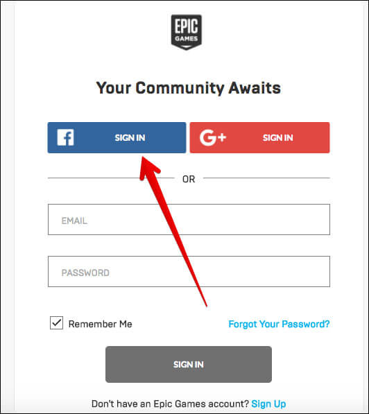 Sign up using Facebook account in EpicGames