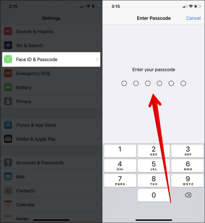 Tap on Face ID and Enter Passcode in iPhone X Settings