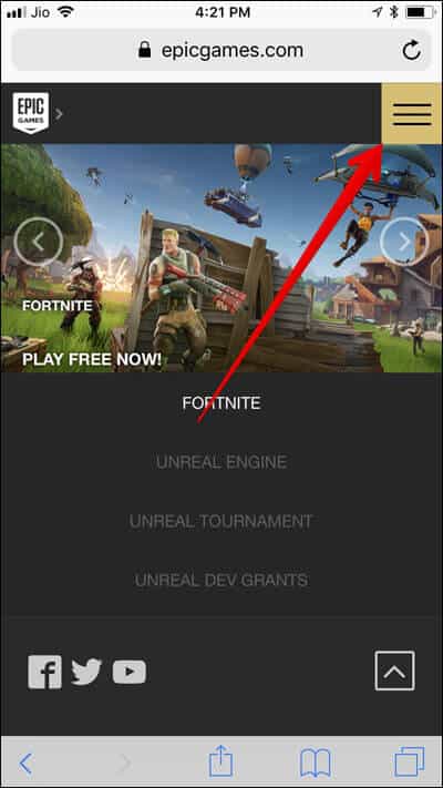 Tap on Menu bar in EpicGames