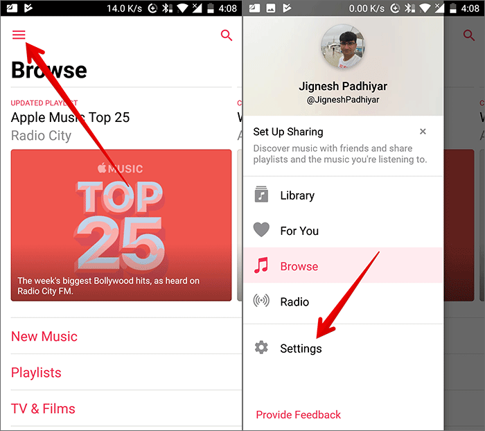 Tap on Menu then Settings in Apple Music on Android Phone