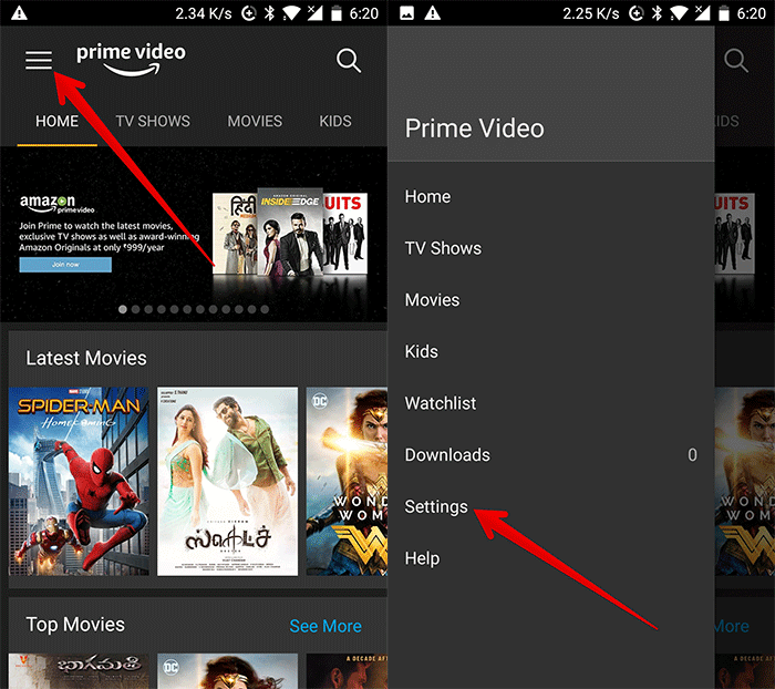 Tap on Menu then Settings in Prime Video on Android Device