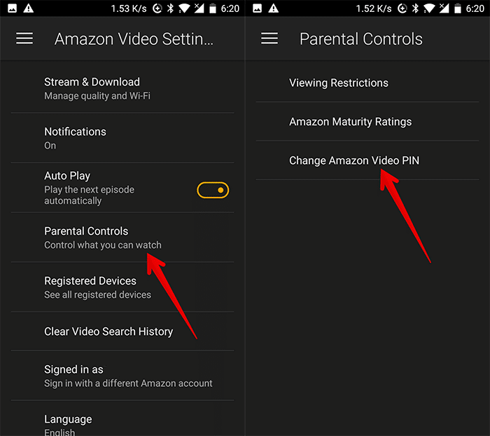 Tap on Parental Control then Tap on Change Amazon Video PIN on Android Phone