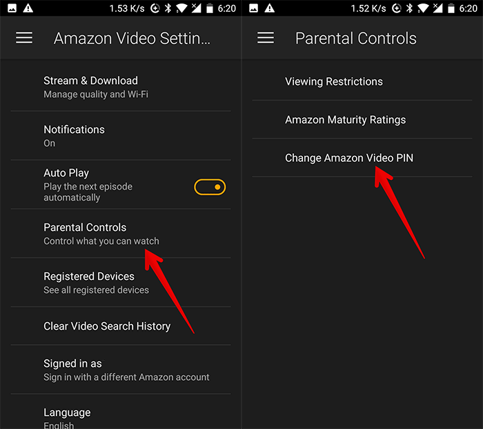 Tap on Parental Control then Tap on Change Amazon Video PIN on Android Phone