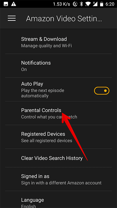 Tap on Parental Controls in Prime Video App on Android Phone