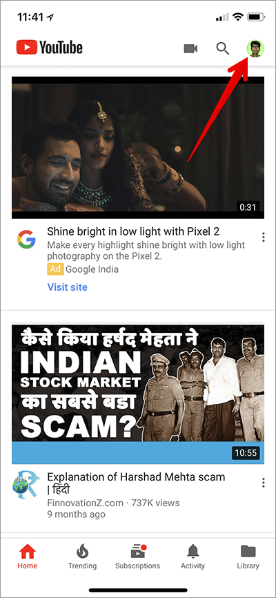 Tap on Profile in YouTube App on iPhone