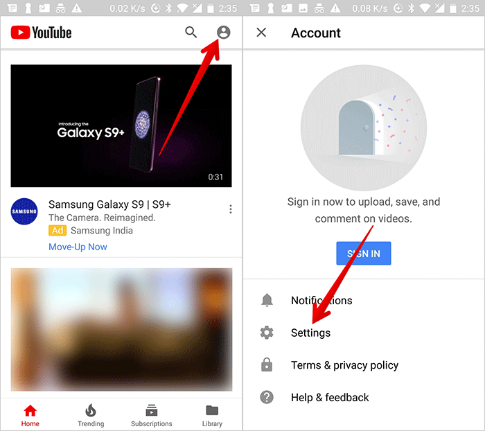 Tap on Profile then Tap on Settings in YouTube on Android Device