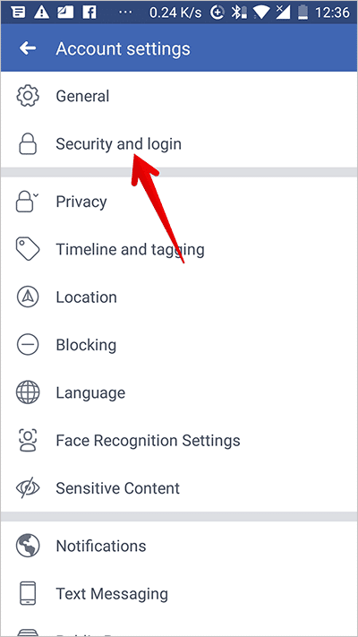 Tap on Security and Login in Facebook on Android Device