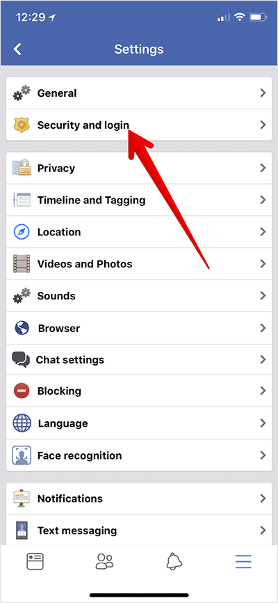 Tap on Security and Login in Facebook on iPhone