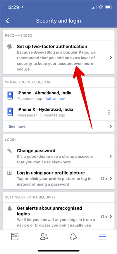 Tap on Set up two-factor authentication in Facebook on iPhone