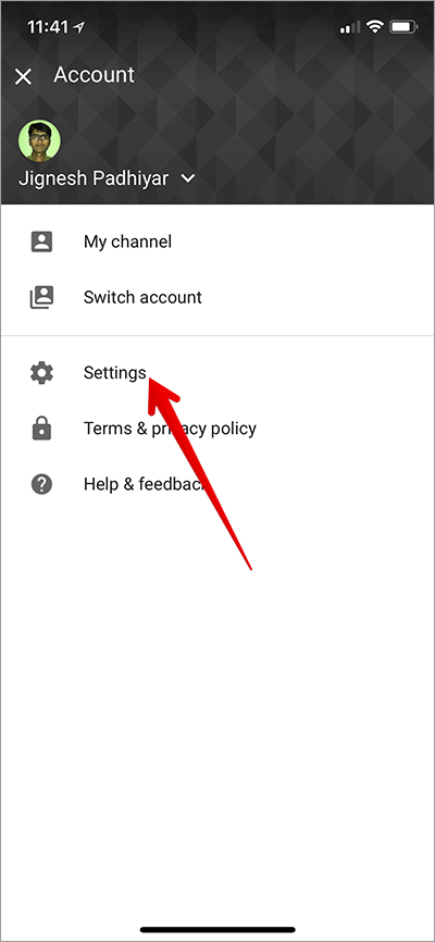 Tap on Settings in YouTube App on iPhone