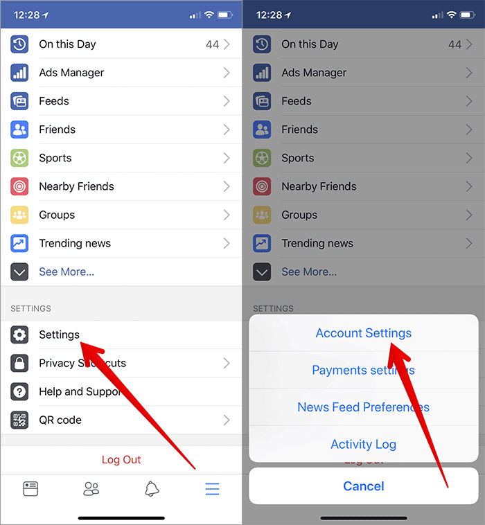 Tap on Settings then Account Settings on Facebook on iPhone