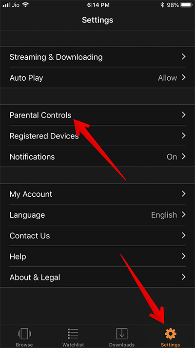 Tap on Settings then Parental Controls in Amazon Prime App on iPhone