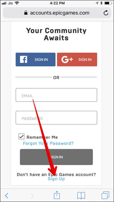 Tap on Sign Up For an Epic Account