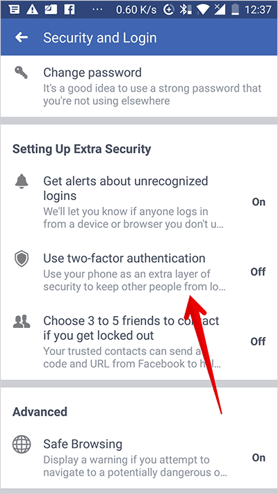 Tap on Use Two-factor Authentication in Facebook on Android Phone