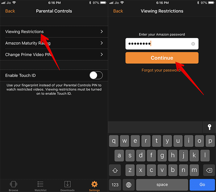 Tap on Viewing Restrictions and Enter Your Password in Prime Video on iPhone