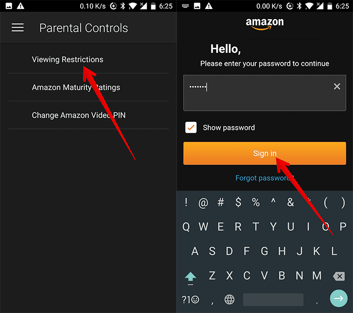Tap on Viewing Restrictions and Sign into Your Amazon Account on Android Phone