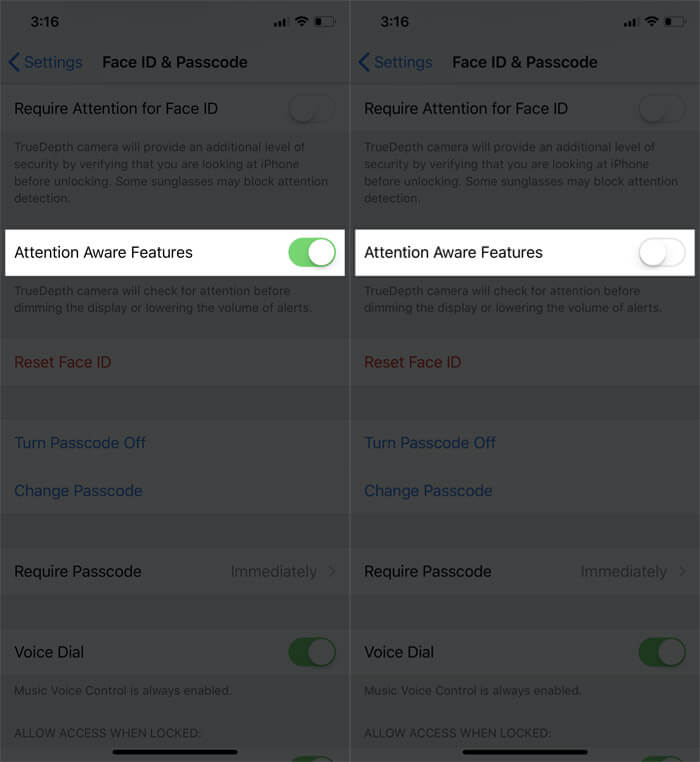 Toggle off Attention Aware Features in iPhone X Settings
