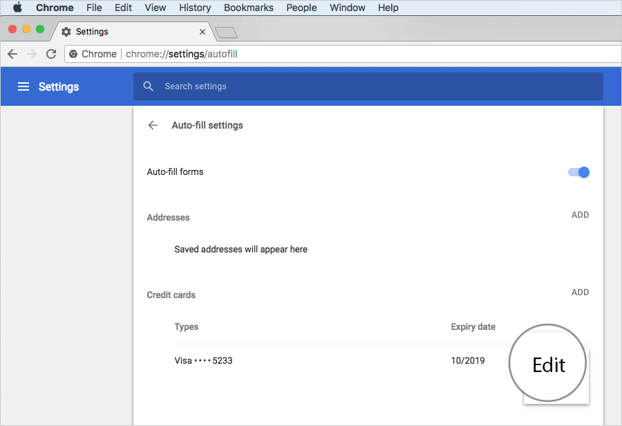 Click on Edit Next to Credit Card in Chrome on PC