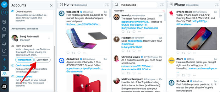 Click on Leave Team for Remove a Twitter Account from TweetDeck