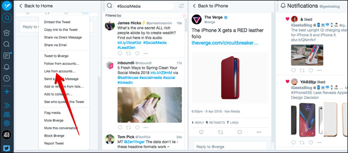 Click on Like from accounts in TweetDeck