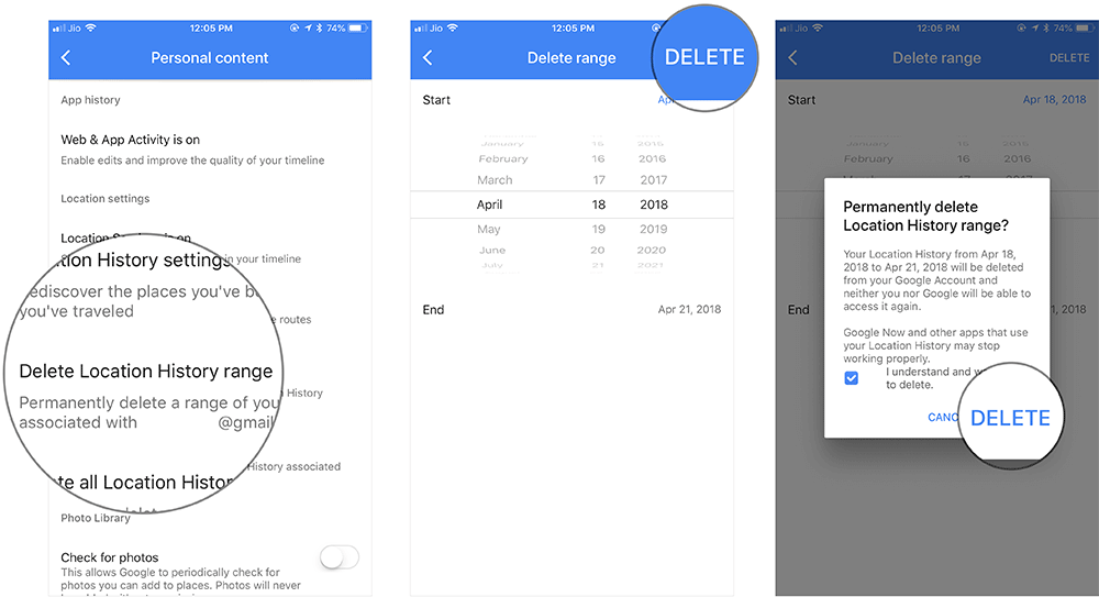 Delete Location History Range fron Google Maps on iPhone or iPad