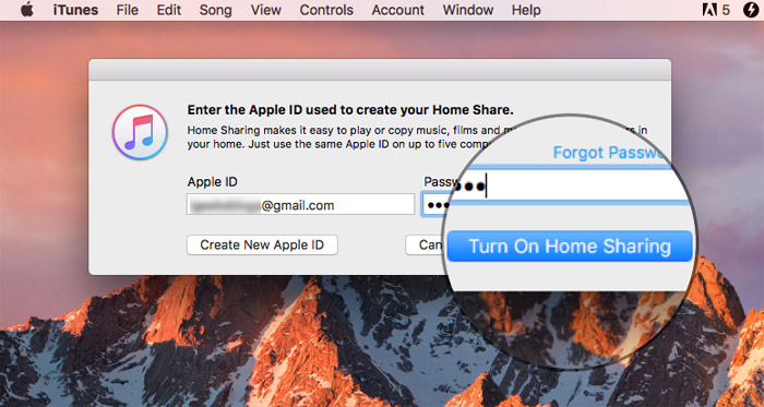 Enter Apple ID and password then click Turn on Home Sharing on Mac