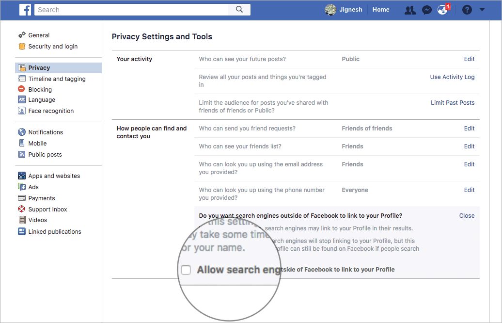 Hide Facebook Profile from Search Engines on Computer