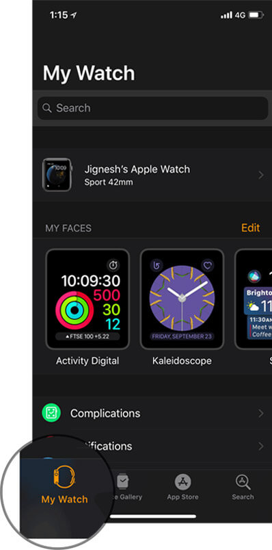 My Watch is selected in iPhone Apple Watch App