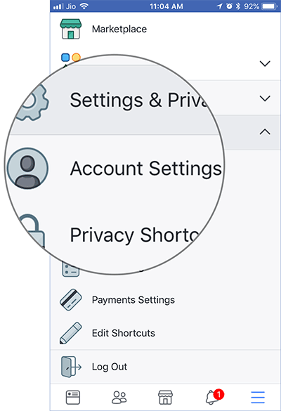 Tap on Account Settings in Facebook on iPhone or Android