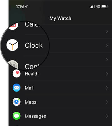 Tap on Clock in iPhone Apple Watch App