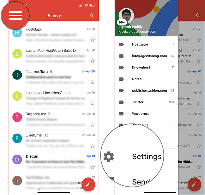 Tap on Menu Button then Tap on Settings in Gmail App on iPhone, iPad, or Android Phone
