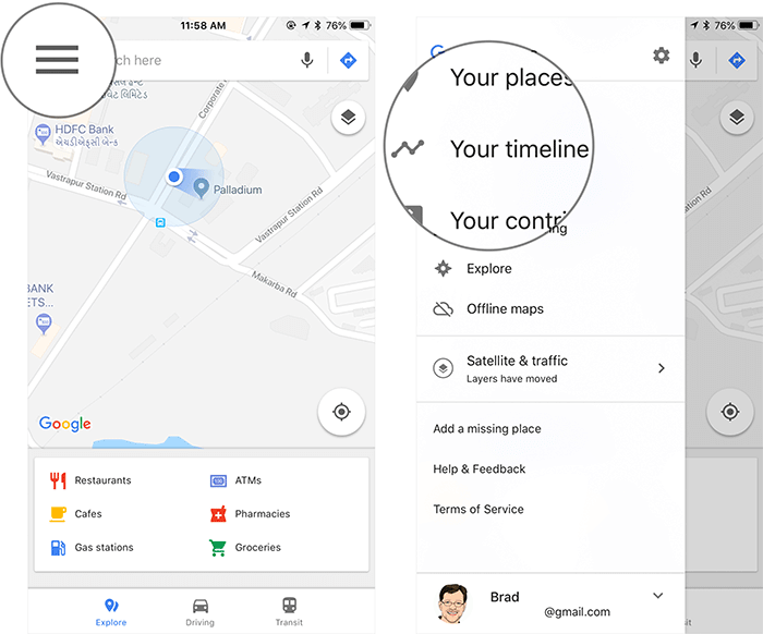 Tap on Menu Button then Tap on Your Timeline in Google Maps on iPhone, iPad, or Android