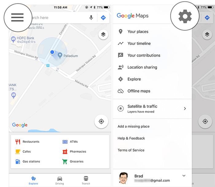 Tap on Menu then Settings in Google Maps on iPhone or iPad