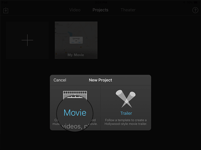 Tap on Movie to Create Project in iMovie