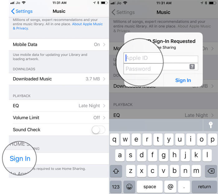 Tap on Sign then enter Apple ID and password in iPhone Settings