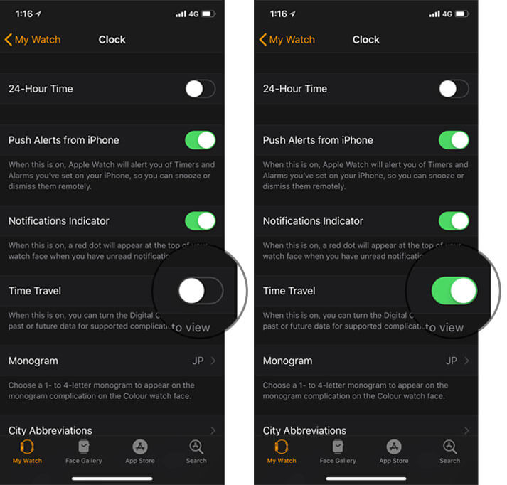 Turn on Time Travel in iPhone Apple Watch App