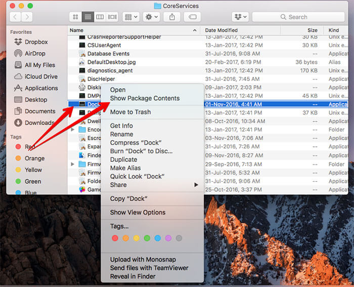 Click on Show Package Contents in Dock Folder on Mac