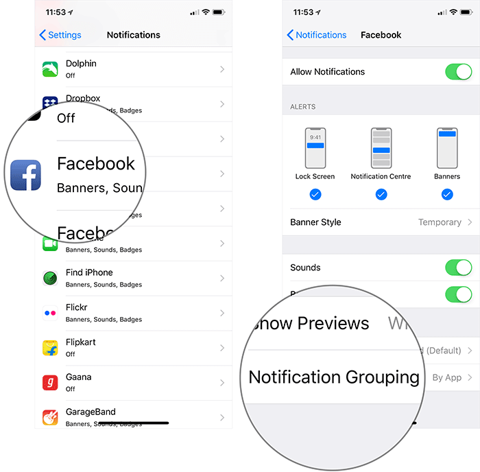 Choose an App and Tap on Notifications Grouping in iOS 12