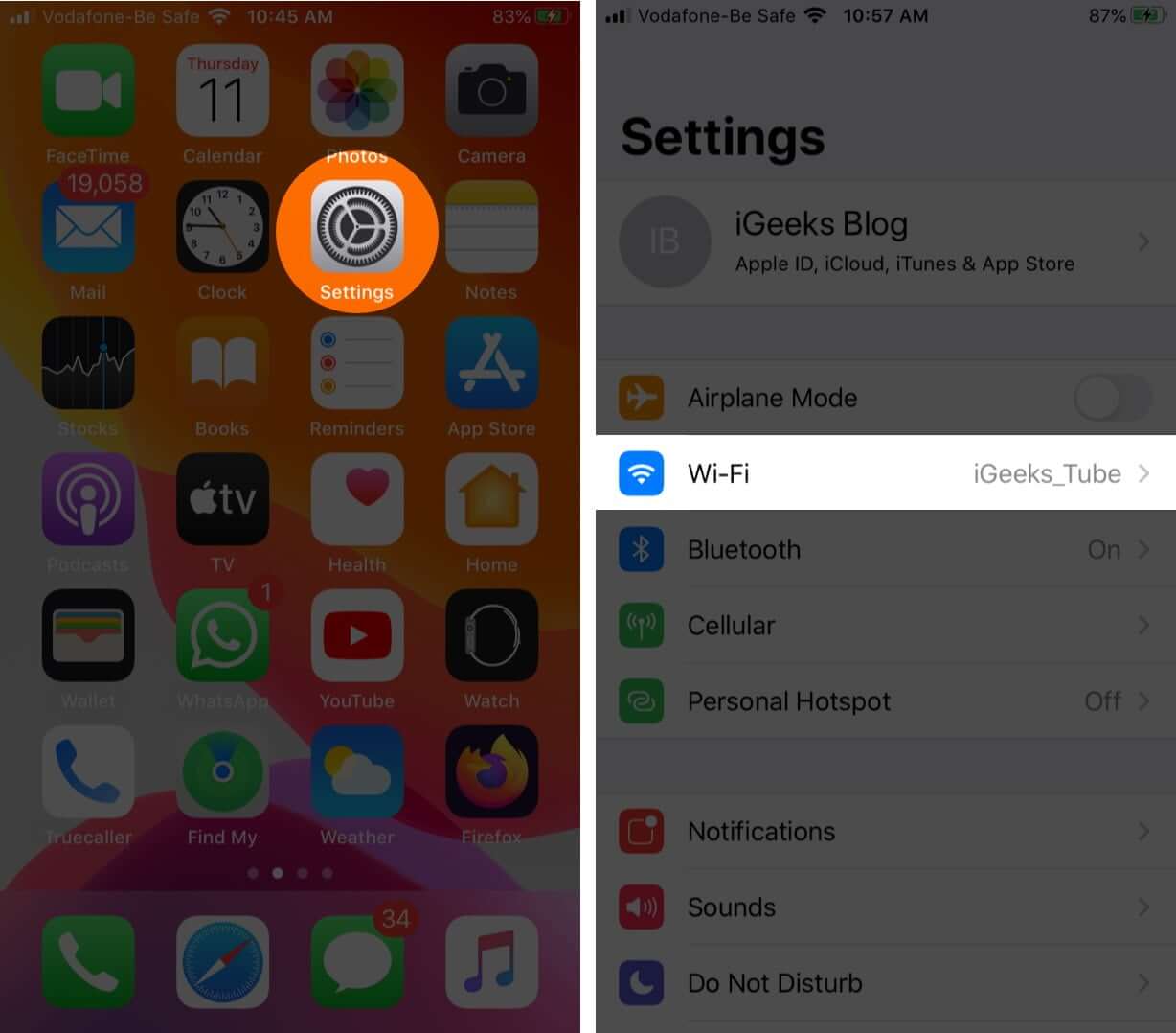 Launch Settings and Tap on Wi-Fi on iPhone