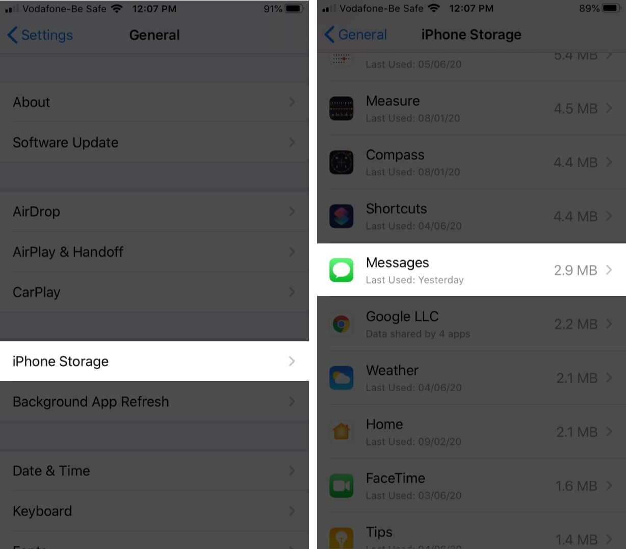 Tap on iPhone Storage and then Tap Messages on iPhone
