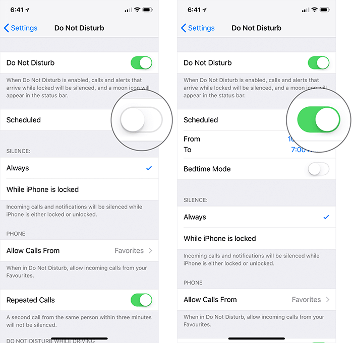 Turn On Scheduled in Do Not Disturb in iOS 12